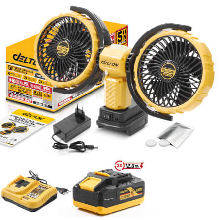 พัดลมไร้สาย 2 หัว 5 นิ้ว (พร้อมแบตเตอรี่) DELTON รุ่น DFM-09X TURBO FORCE 20V 12AH_1
